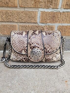 Brighton Nanette Beige Brown Snakeskin Leather Flap Chain Strap Handbag